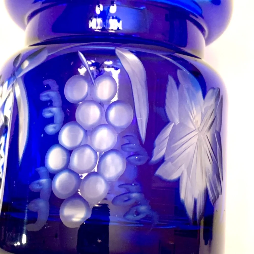 Vintage 1950s Cobalt Blue Crystal Cut Honey/Jam Jar with Lid